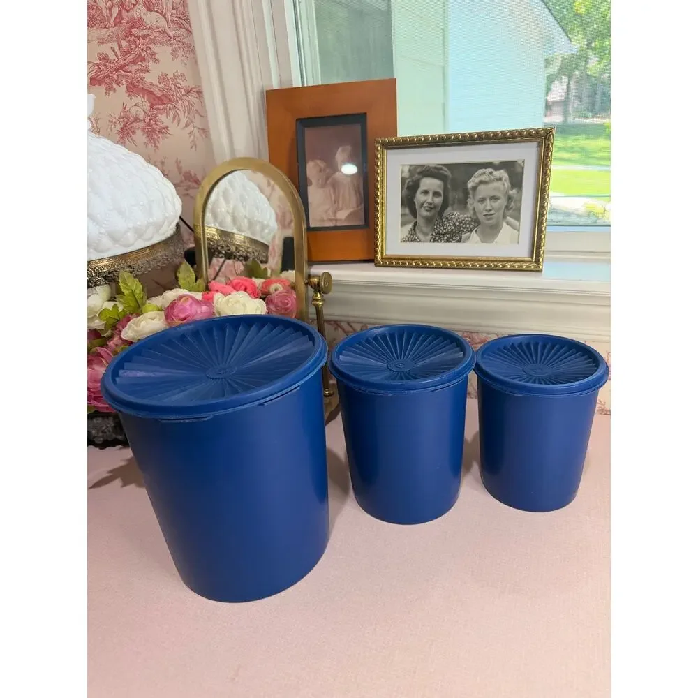 Vintage Tupperware Canister Set, Servalier, Set of 3 Dark Blue Sunburst Lids